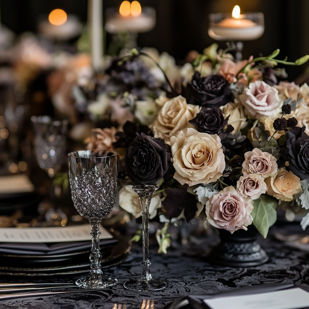 Opulent wedding reception setup designed by Marshecka Weddings, featuring elegant floral arrangements, sophisticated table settings, and ambient candlelight to create a romantic atmosphere.