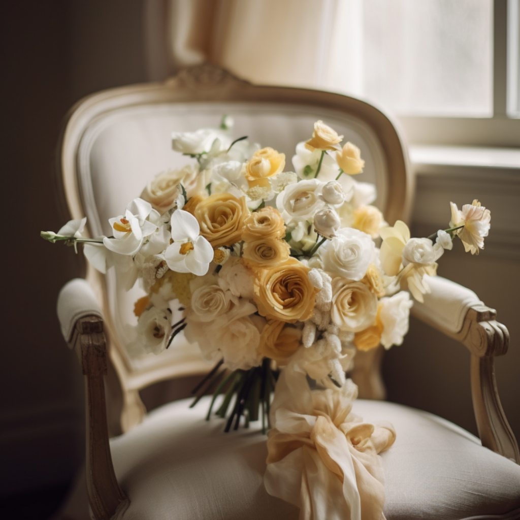 Editorial-style bridal bouquet in butter yellow, ivory, and pale gold, representing 2025 luxury wedding trend inspiration