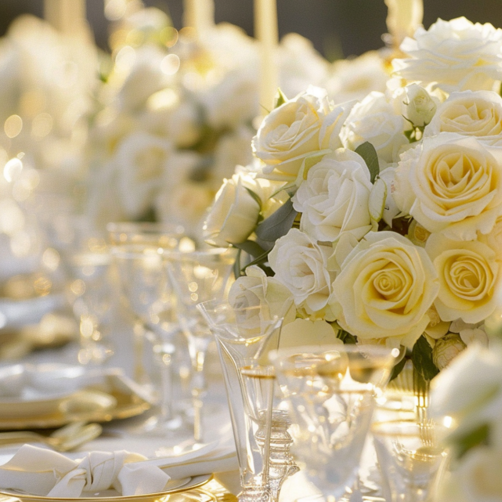 Elegant wedding tablescape in butter yellow and ivory with gold flatware and roses, representing 2025 luxury wedding trends