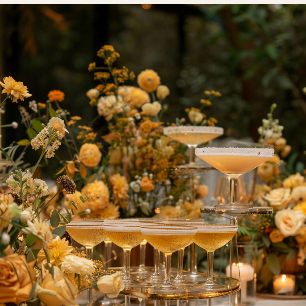 Luxury champagne tower surrounded by butter yellow florals and candlelight, styled for an immersive wedding reception experience