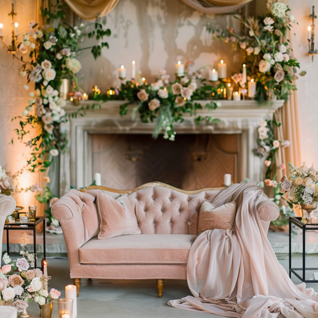 Wedding lounge styled with blush velvet seating, layered candlelight, and draping in a soft neutral palette for editorial ambiance
