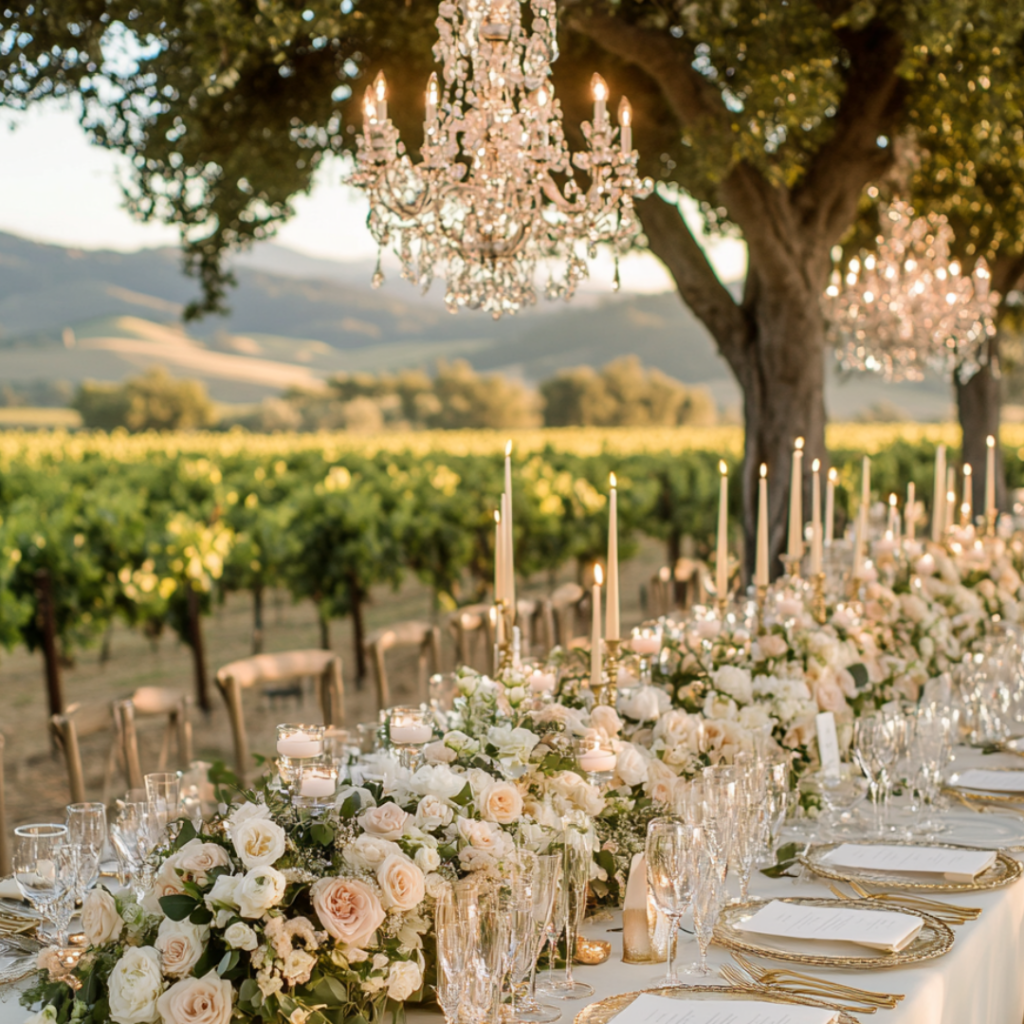 Luxury wedding reception table set in a Napa Valley vineyard with ivory florals, taper candles, and chandeliers hanging from trees