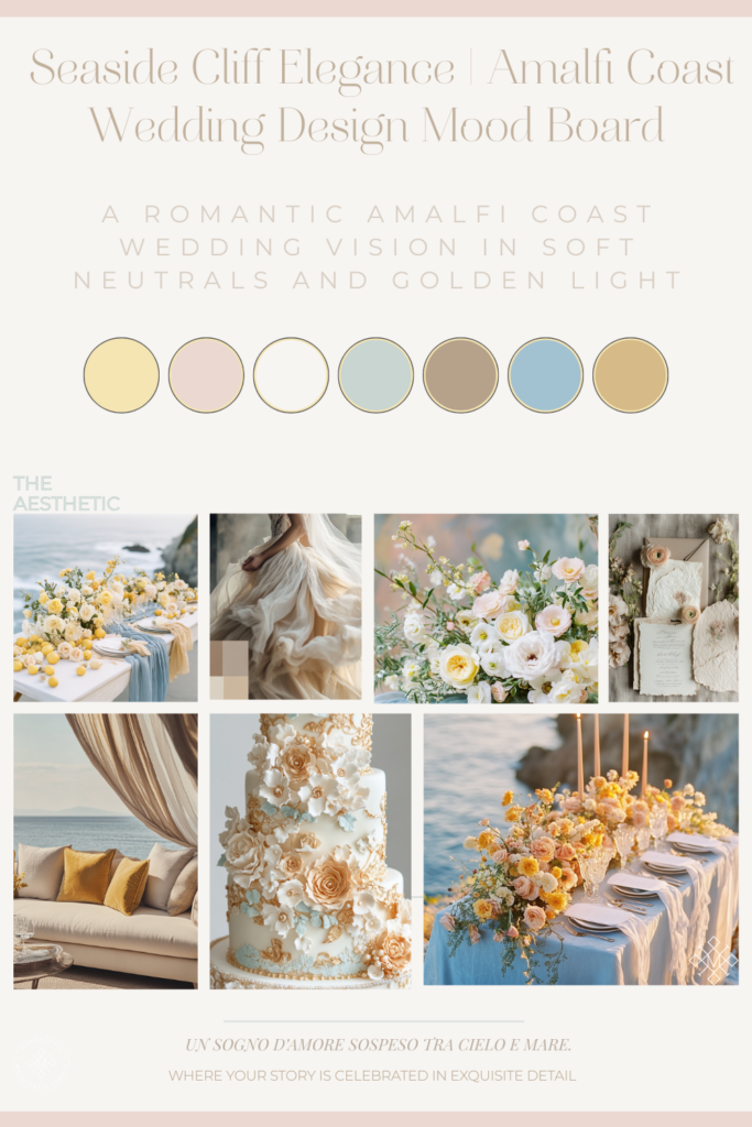 Seaside cliff wedding mood board with blush, ivory, gauze textures, Amalfi Coast inspiration