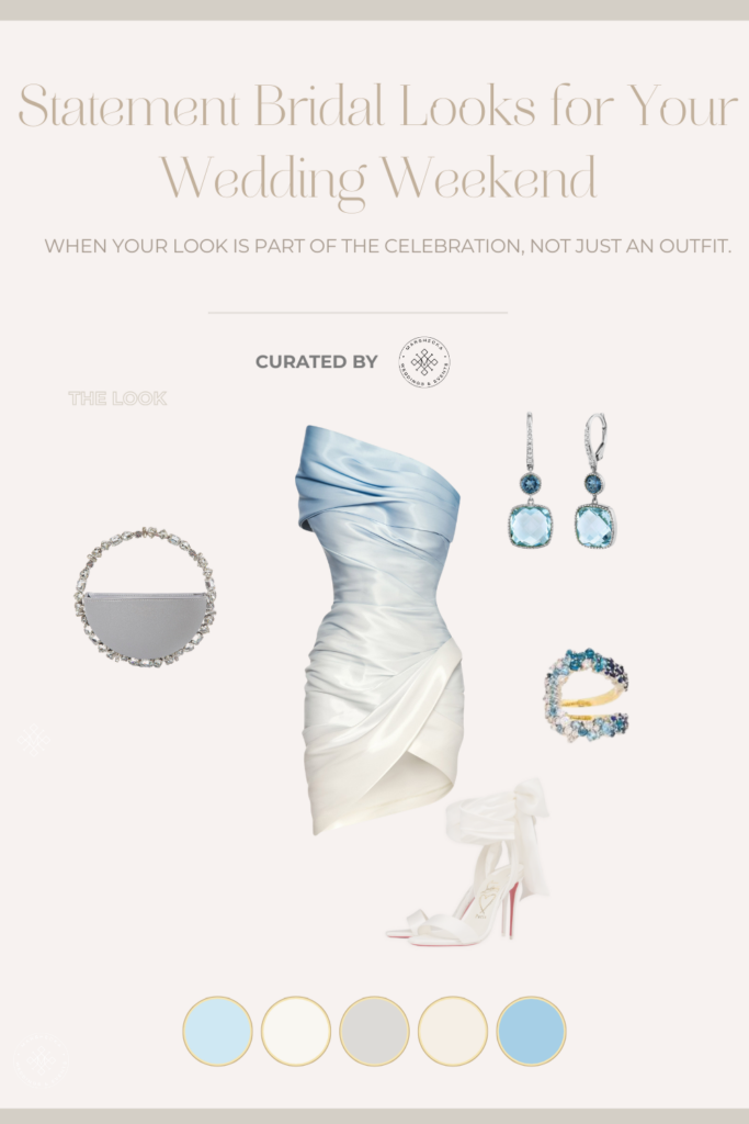Luxury bridal fashion mood board with Oscar de la Renta gown, Ana Khouri jewelry, ivory tones, and designer heels