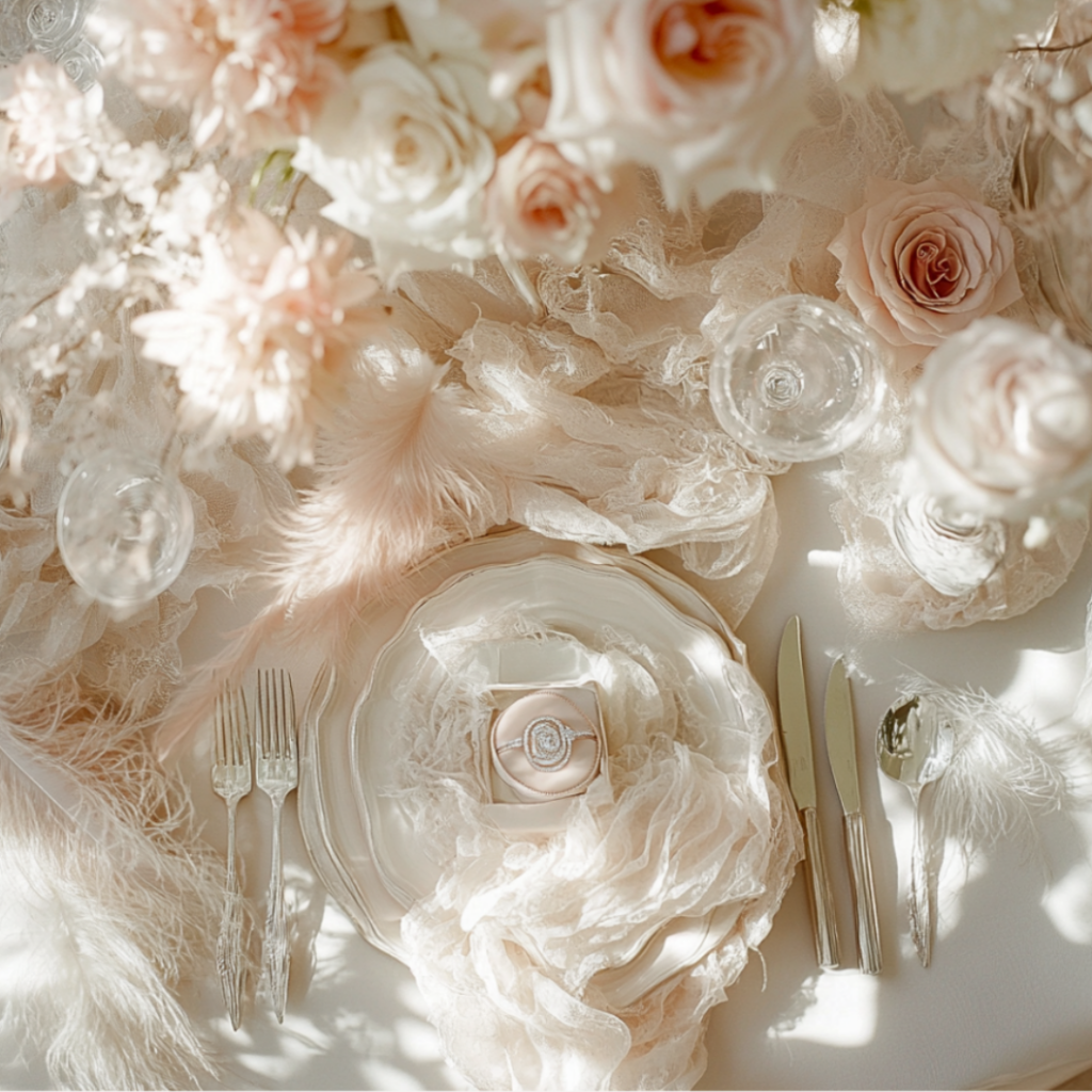 Luxury bridal tablescape with blush roses, ivory linens, feathers, and crystal glassware styled with silver flatware.