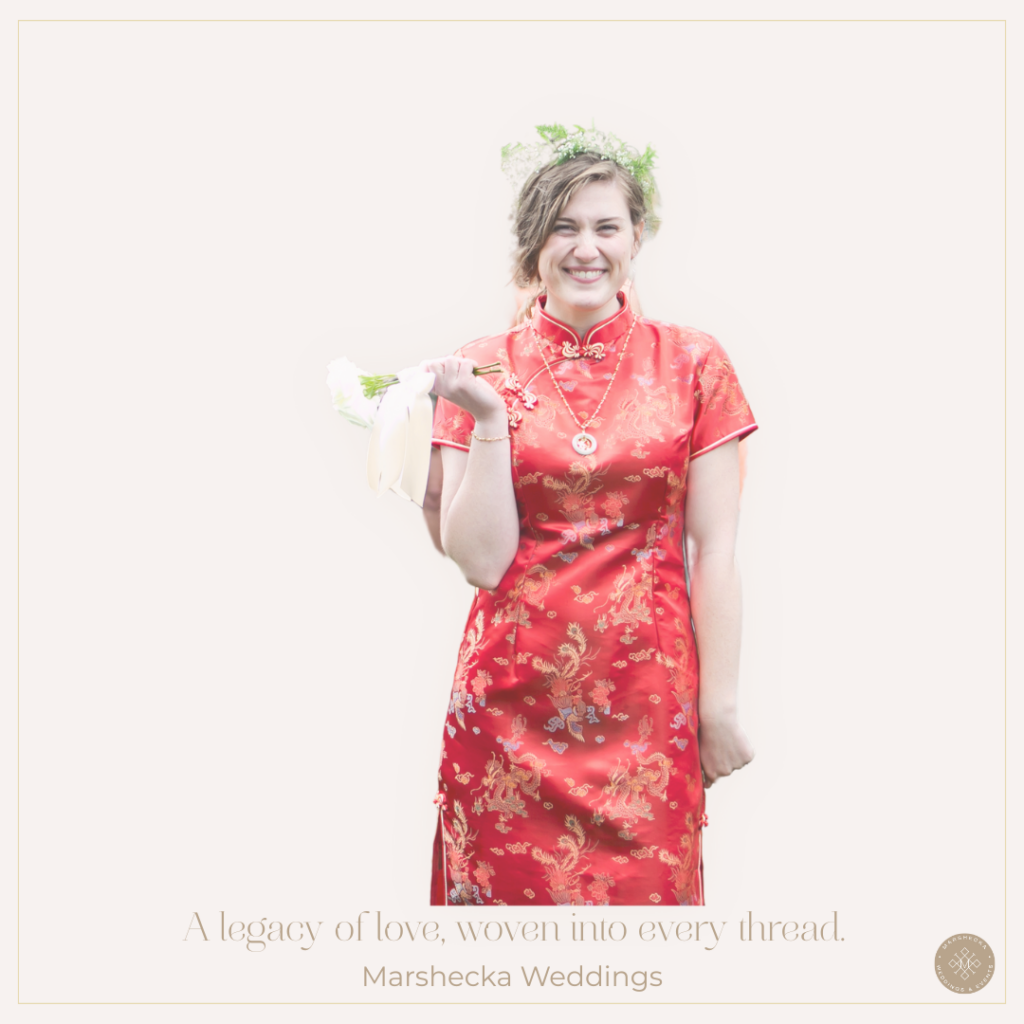 Bride wearing a red qipao holding a bouquet, smiling with joy during a multicultural wedding celebration that honors her heritage and legacy.