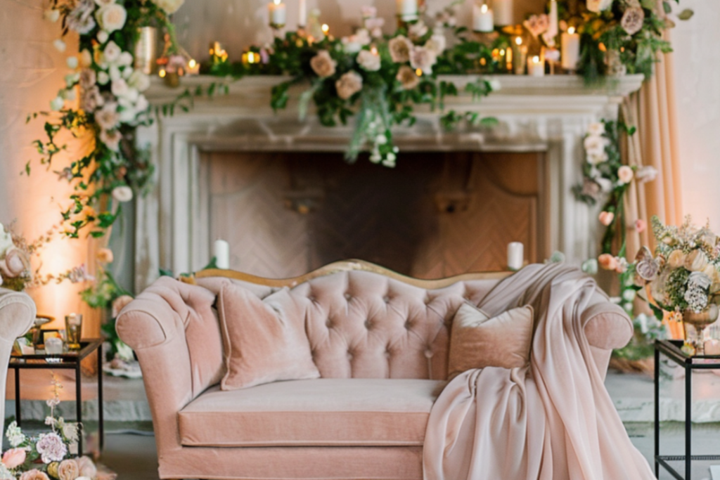Luxury lounge seating with soft pink velvet, florals, and candles at an editorial-style wedding