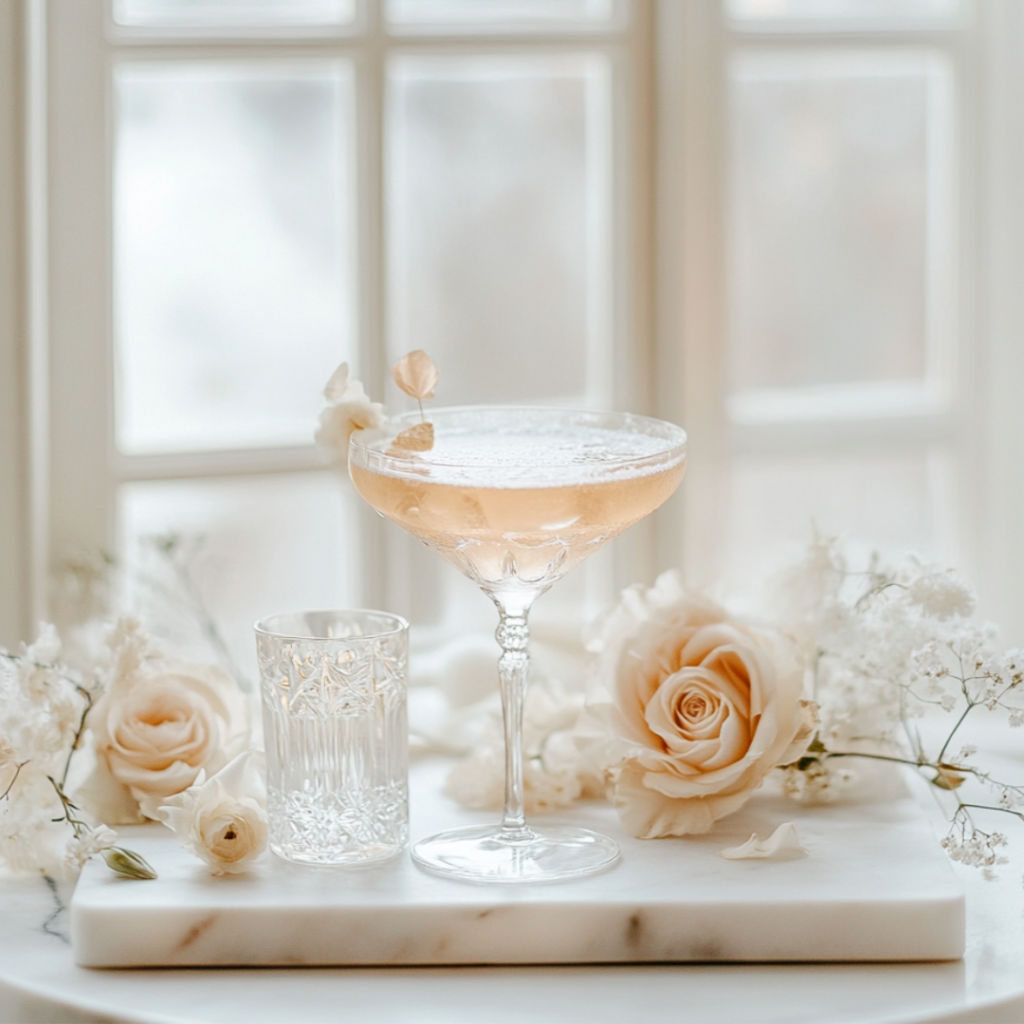 Elegant signature cocktail styled with blush and ivory florals, displayed on a marble tray with soft candlelight, reflecting Marshecka Weddings' refined event design.