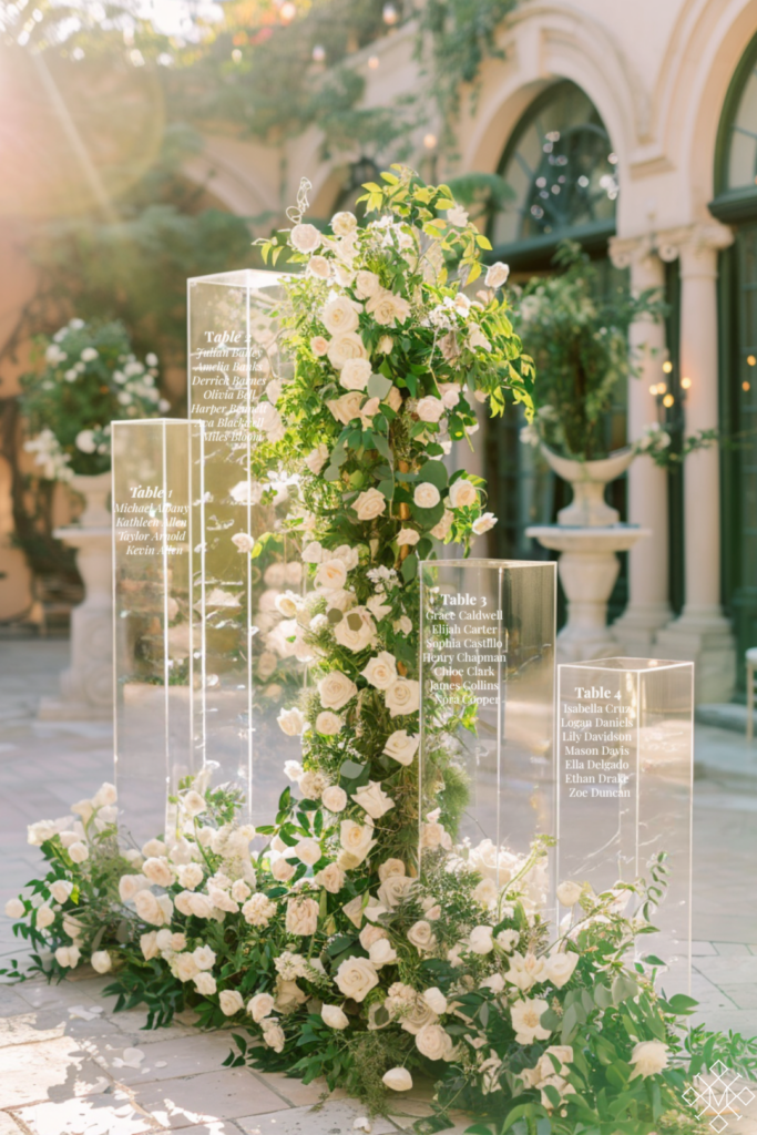 Acrylic tower wedding seating chart with floral base, blending modern elegance and intentional design—perfect for luxury celebrations