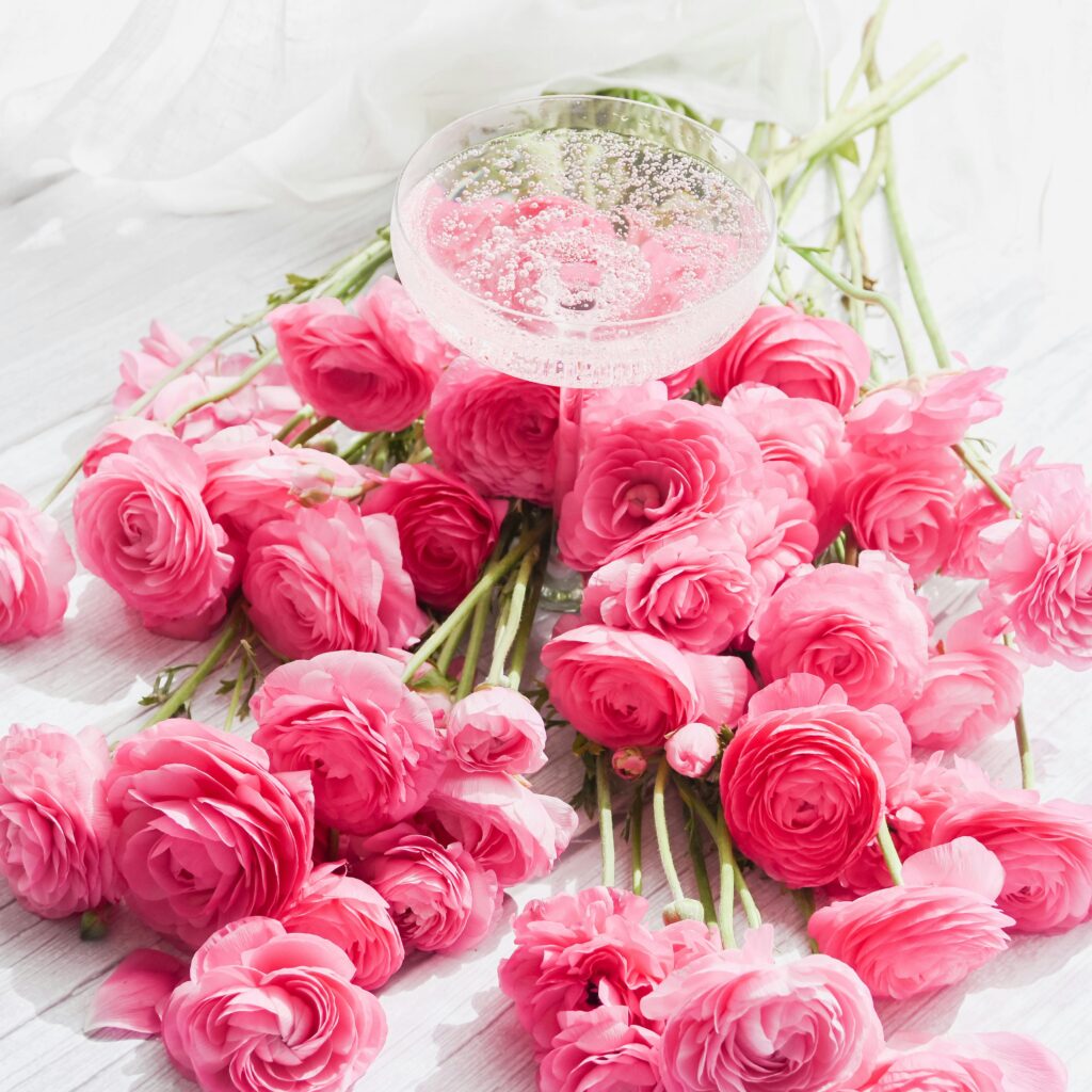 Elegant coupe glass with sparkling cocktail surrounded by pink ranunculus flowers, soft romantic detail for a luxury wedding cocktail hour.