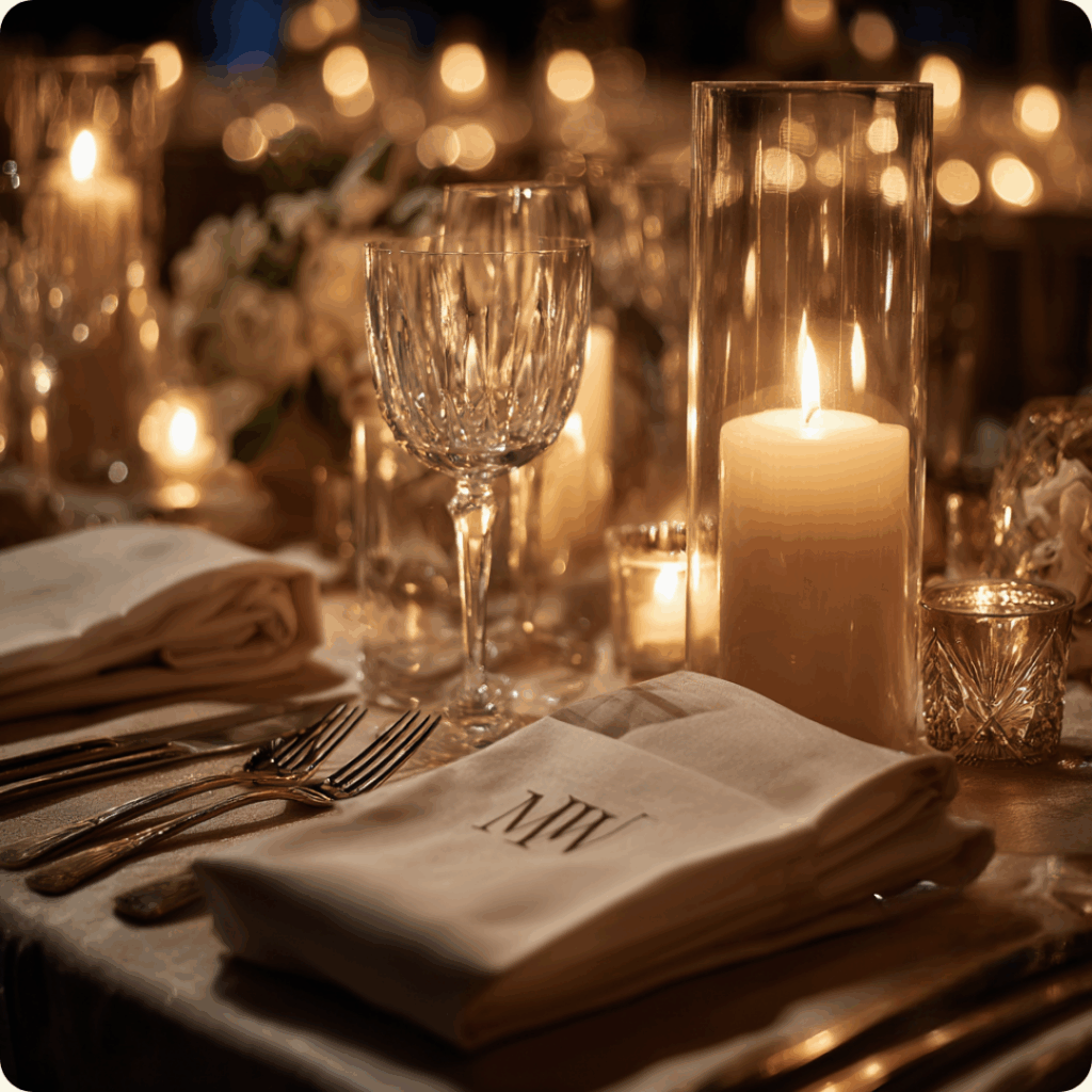 Candlelit wedding tablescape with soft florals, crystal glassware, and a delicately folded napkin, an intentional wedding design that evokes warmth and connection.