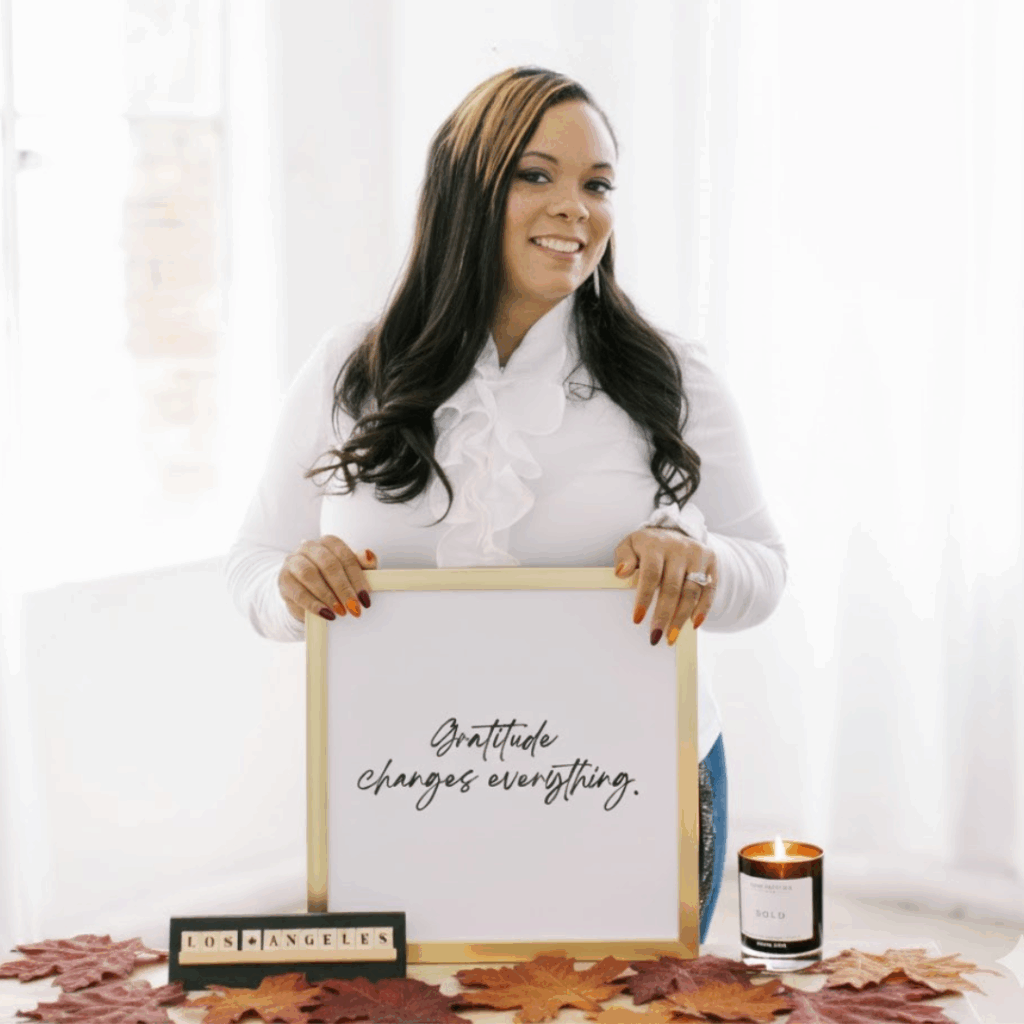 Marshecka reflecting on gratitude in wedding planning and design, soft light, elegant white tones, and a calm seasonal palette