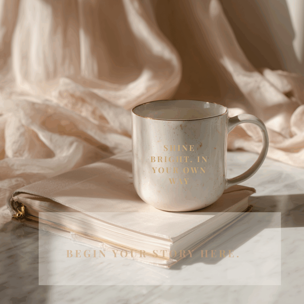 A fine porcelain mug inscribed with “Shine bright, in your own way” rests on a blush linen journal atop a marble surface, surrounded by soft morning light and draped fabric, an editorial still life that reflects calm intention and the refined aesthetic of a luxury wedding planner in Los Angeles.