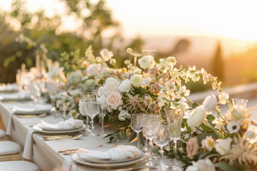 Private estate wedding in Los Angeles featuring refined outdoor reception design and architectural hillside setting.