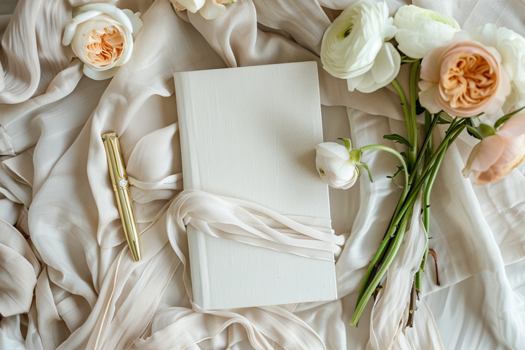 Luxury wedding planning journal styled with silk ribbon, gold pen, and romantic florals on neutral linen background.